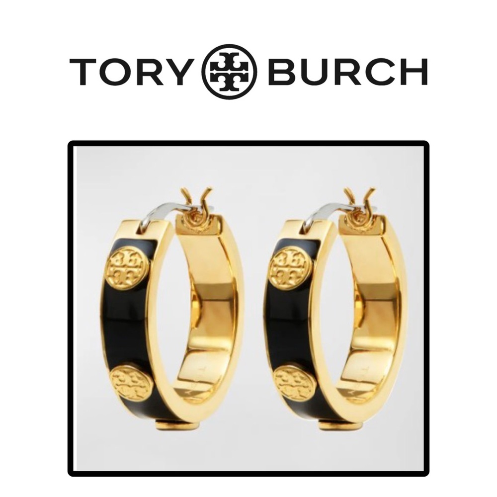 TORY BURCH MILLER GOLD BLACK EMAEL HOOPS
